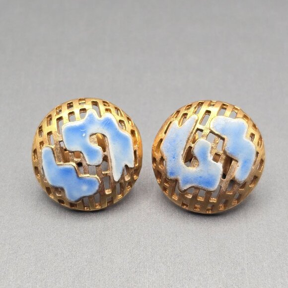 Corocraft? Jewelry - VTG Mesh Dome Clip-On Earrings .75" Blue & White Enamel Gold Plated Corocraft?